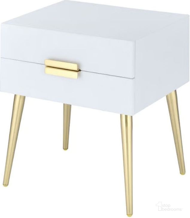 The appearance of Denvor White and Gold End Table designed by ACME in the modern / contemporary interior design. This white piece of furniture  was selected by 1StopBedrooms from Denvor Collection to add a touch of cosiness and style into your home. Sku: 84496. Material: Metal. Product Type: End Table. Table Top Shape: Rectangular. Image1