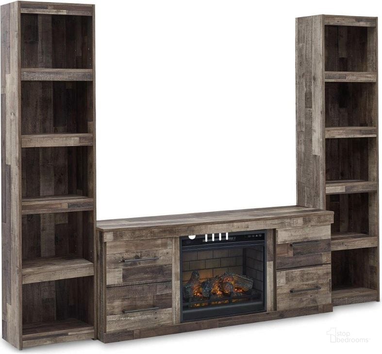 The appearance of Derekson Rustic Multi Gray Small 3 Piece Entertainment Center with Electric Fireplace designed by Signature Design by Ashley in the rustic / southwestern interior design. This multi gray piece of furniture  was selected by 1StopBedrooms from Derekson Collection to add a touch of cosiness and style into your home. Sku: EW0200-268;EW0200-124;EW0200-124;W100-101. Material: Wood. Product Type: Entertainment Centers and Wall. Image1