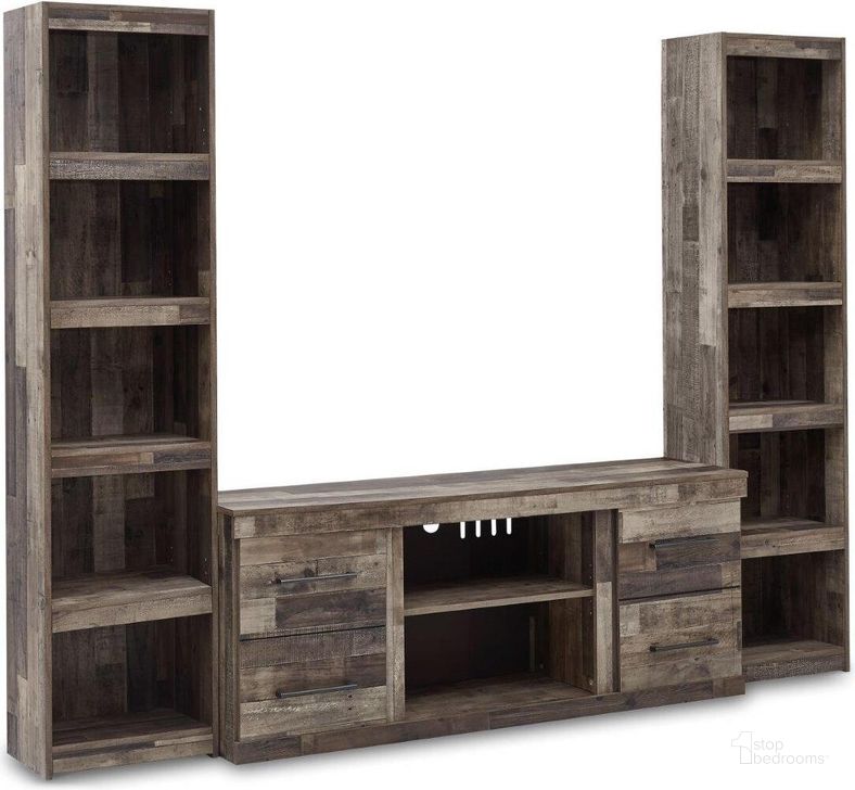 The appearance of Derekson Rustic Multi Gray Small 3 Piece Entertainment Center designed by Signature Design by Ashley in the rustic / southwestern interior design. This multi gray piece of furniture  was selected by 1StopBedrooms from Derekson Collection to add a touch of cosiness and style into your home. Sku: EW0200-268;EW0200-124;EW0200-124. Material: Wood. Product Type: Entertainment Centers and Wall. Image1