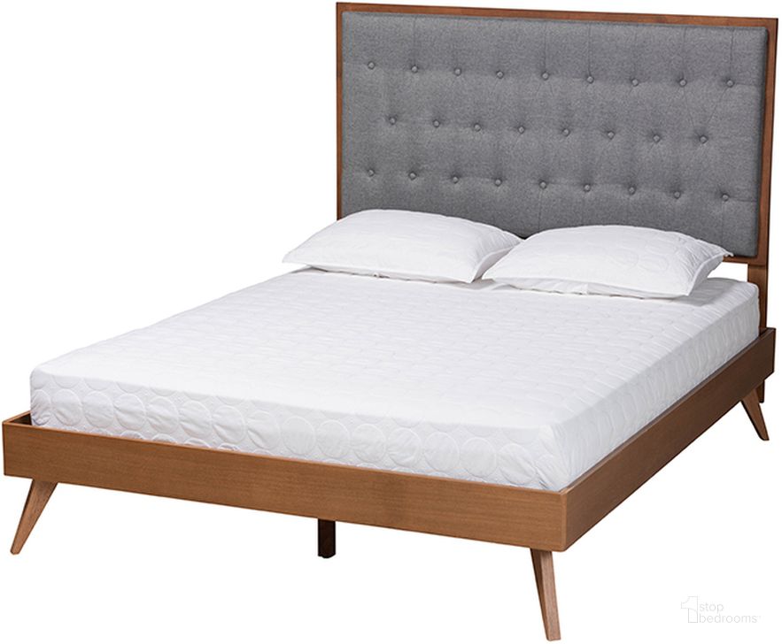 The appearance of Dericia Grey Fabric and Walnut Brown Finished Wood King Platform Bed designed by Baxton Studio in the traditional interior design. This grey and walnut piece of furniture  was selected by 1StopBedrooms from Dericia Collection to add a touch of cosiness and style into your home. Sku: MG9765/9704-King. Bed Type: Platform Bed. Product Type: Platform Bed. Bed Size: King. Material: Rubberwood. Image1
