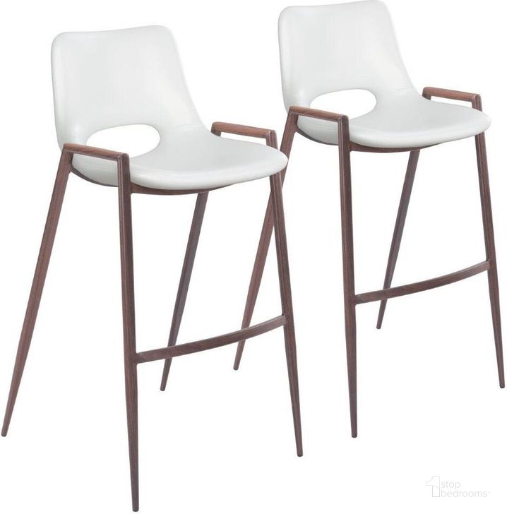 The appearance of Desi Bar Chair Set of 2 White designed by Zuo Modern in the modern / contemporary interior design. This white and brown piece of furniture  was selected by 1StopBedrooms from Desi Collection to add a touch of cosiness and style into your home. Sku: 109070. Product Type: Bar Chair. Material: Polyurethane. Image1