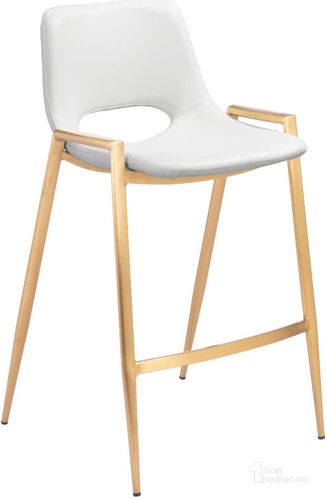 The appearance of Desi Bar Stool Set of 2 In White And Gold designed by Zuo Modern in the modern / contemporary interior design. This white piece of furniture  was selected by 1StopBedrooms from Desi Collection to add a touch of cosiness and style into your home. Sku: 109553. Product Type: Barstool. Material: Plywood. Image1