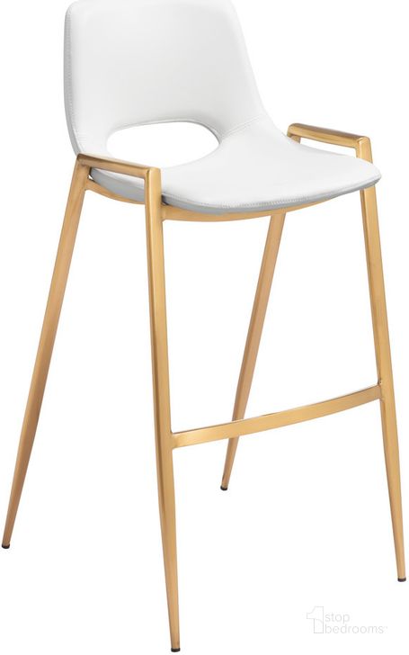 The appearance of Desi Bar Stool Set of 2 In White And Gold designed by Zuo Modern in the modern / contemporary interior design. This white piece of furniture  was selected by 1StopBedrooms from Desi Collection to add a touch of cosiness and style into your home. Sku: 109556. Product Type: Barstool. Material: Plywood. Image1