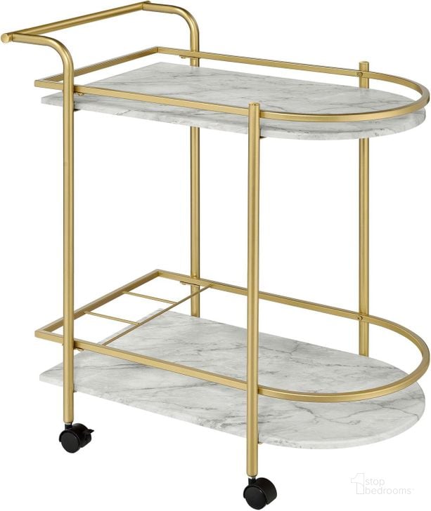 The appearance of Desireee Rack Bar Cart With Casters Gold designed by Coaster in the traditional interior design. This gold piece of furniture  was selected by 1StopBedrooms from Desiree Collection to add a touch of cosiness and style into your home. Sku: 181377. Material: MDF. Product Type: Bar Cart. Image1