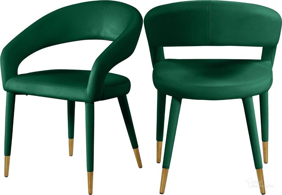 The appearance of Destiny Green Velvet Dining Chair designed by Meridian in the modern / contemporary interior design. This green velvet piece of furniture  was selected by 1StopBedrooms from Destiny Collection to add a touch of cosiness and style into your home. Sku: 537Green-C. Material: Metal. Product Type: Dining Chair. Image1