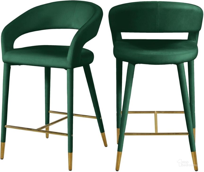 The appearance of Destiny Green Velvet Stool designed by Meridian in the modern / contemporary interior design. This green velvet piece of furniture  was selected by 1StopBedrooms from Destiny Collection to add a touch of cosiness and style into your home. Sku: 540Green-C. Material: Metal. Product Type: Counter Height Chair. Image1