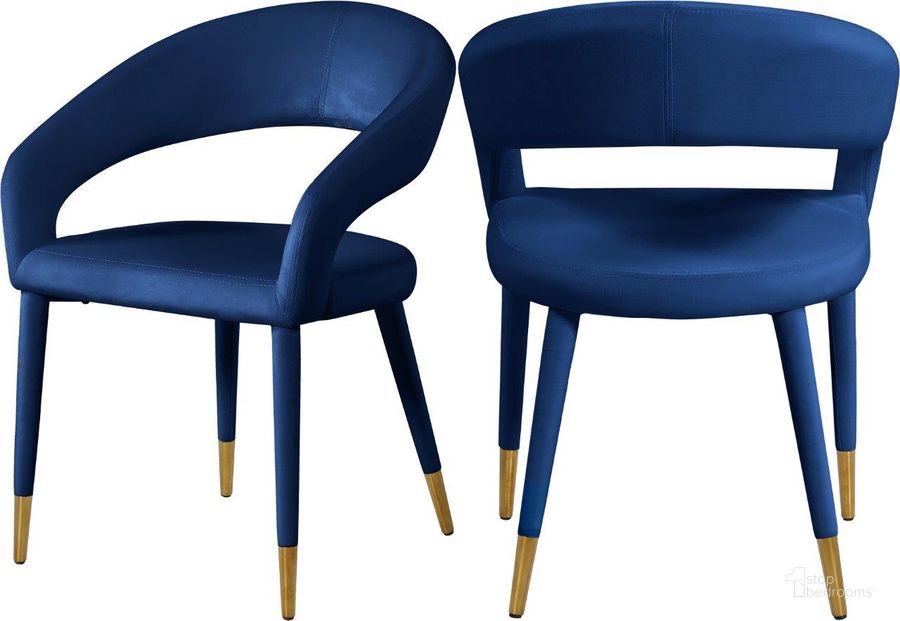 The appearance of Destiny Navy Velvet Dining Chair designed by Meridian in the modern / contemporary interior design. This navy velvet piece of furniture  was selected by 1StopBedrooms from Destiny Collection to add a touch of cosiness and style into your home. Sku: 537Navy-C. Material: Metal. Product Type: Dining Chair. Image1