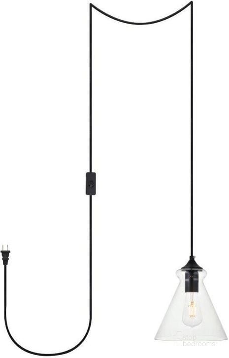 The appearance of Destry 1 Light Black Plug-In Pendant With Clear Glass LDPG2244BK designed by Elegant Lighting in the transitional interior design. This black piece of furniture  was selected by 1StopBedrooms from Destry Collection to add a touch of cosiness and style into your home. Sku: LDPG2244BK. Product Type: Pendant Lighting. Material: Iron. Image1