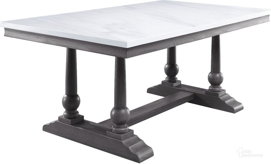 The appearance of Devak Gray Oak Dining Table 0qb24404529 designed by Off 5th Home in the transitional interior design. This gray oak piece of furniture  was selected by 1StopBedrooms from Devak Collection to add a touch of cosiness and style into your home. Sku: 73265. Table Base Style: Trestle. Material: Wood. Product Type: Dining Table. Table Top Shape: Rectangular. Size: 71". Image1