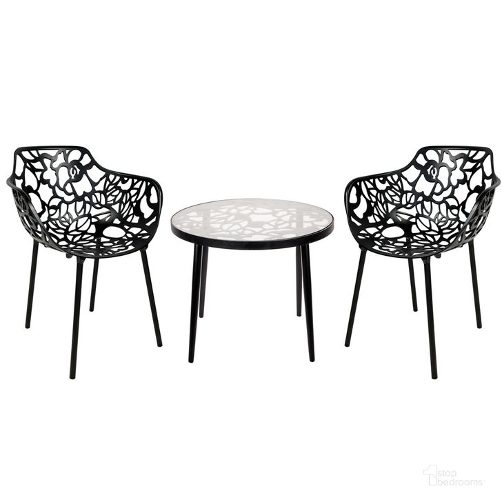 The appearance of Devon 3 Piece Outdoor Patio Dining Set In Black designed by LeisureMod in the transitional interior design. This black piece of furniture  was selected by 1StopBedrooms from Devon Collection to add a touch of cosiness and style into your home. Sku: DT20CABL2. Material: Glass. Product Type: Outdoor Dining Set. Image1
