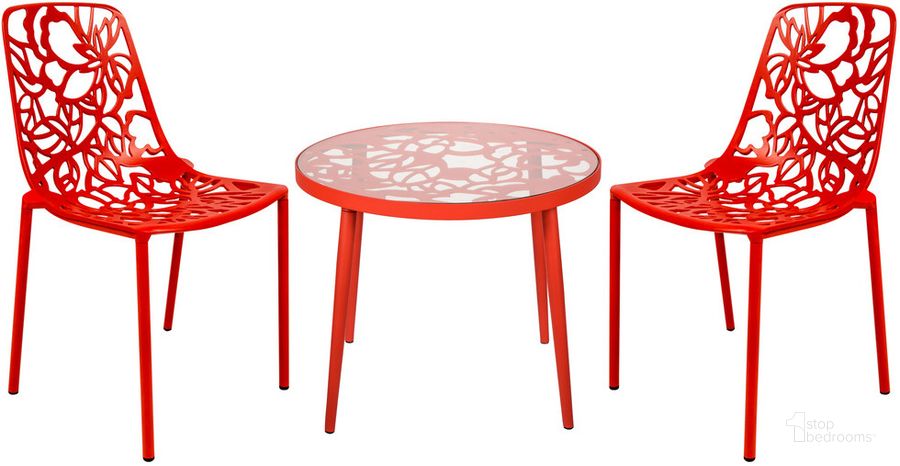 The appearance of Devon 3 Piece Outdoor Patio Dining Set In Red designed by LeisureMod in the transitional interior design. This red piece of furniture  was selected by 1StopBedrooms from Devon Collection to add a touch of cosiness and style into your home. Sku: DT20CR. Material: Glass. Product Type: Outdoor Dining Set. Image1