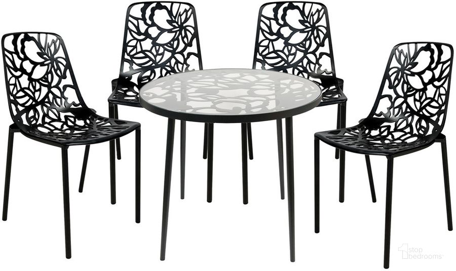 The appearance of Devon 5 Piece Outdoor Patio Dining Set In Black designed by LeisureMod in the transitional interior design. This black piece of furniture  was selected by 1StopBedrooms from Devon Collection to add a touch of cosiness and style into your home. Sku: DT31C4BL. Material: Glass. Product Type: Outdoor Dining Set. Image1
