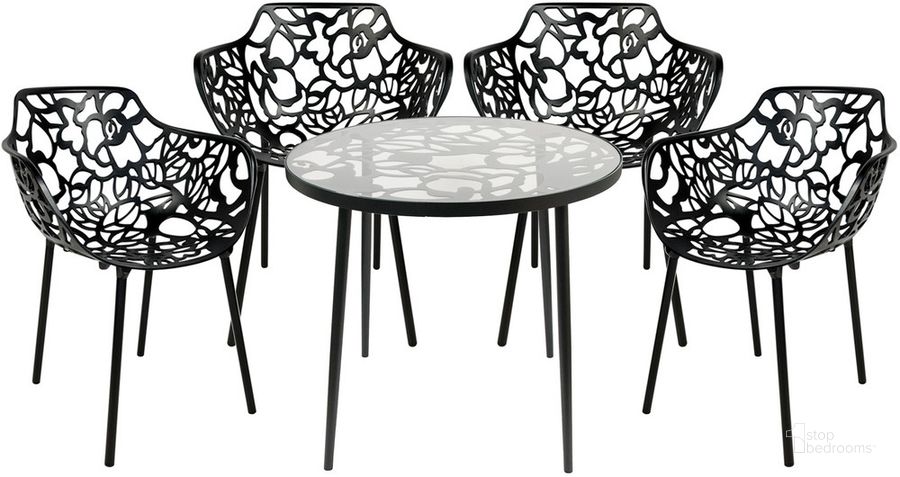 The appearance of Devon 5 Piece Outdoor Patio Dining Set In Black designed by LeisureMod in the transitional interior design. This black piece of furniture  was selected by 1StopBedrooms from Devon Collection to add a touch of cosiness and style into your home. Sku: DT31CABL4. Material: Glass. Product Type: Outdoor Dining Set. Image1