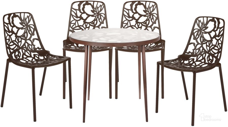 The appearance of Devon 5 Piece Outdoor Patio Dining Set In Brown designed by LeisureMod in the transitional interior design. This brown piece of furniture  was selected by 1StopBedrooms from Devon Collection to add a touch of cosiness and style into your home. Sku: DT31C4BR. Material: Glass. Product Type: Outdoor Dining Set. Image1