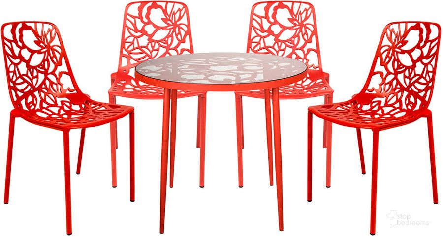 The appearance of Devon 5 Piece Outdoor Patio Dining Set In Red designed by LeisureMod in the transitional interior design. This red piece of furniture  was selected by 1StopBedrooms from Devon Collection to add a touch of cosiness and style into your home. Sku: DT31C4R. Material: Glass. Product Type: Outdoor Dining Set. Image1