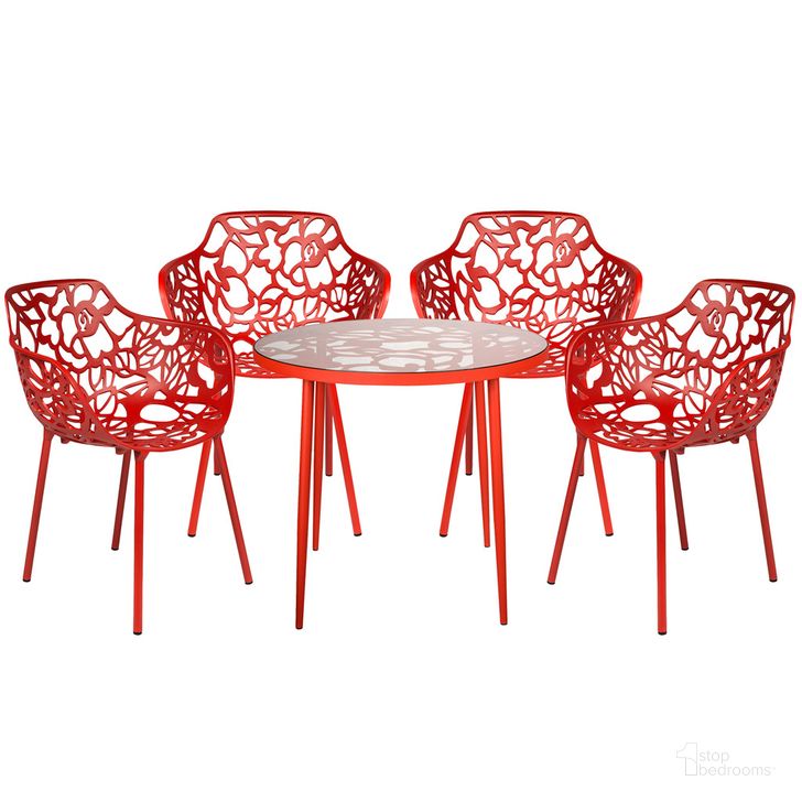 The appearance of Devon 5 Piece Outdoor Patio Dining Set In Red designed by LeisureMod in the transitional interior design. This red piece of furniture  was selected by 1StopBedrooms from Devon Collection to add a touch of cosiness and style into your home. Sku: DT31CAR4. Material: Glass. Product Type: Outdoor Dining Set. Image1