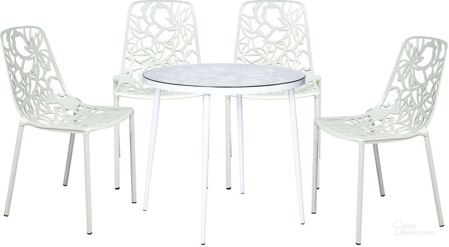 The appearance of Devon 5 Piece Outdoor Patio Dining Set In White designed by LeisureMod in the transitional interior design. This white piece of furniture  was selected by 1StopBedrooms from Devon Collection to add a touch of cosiness and style into your home. Sku: DT31C4W. Material: Glass. Product Type: Outdoor Dining Set. Image1