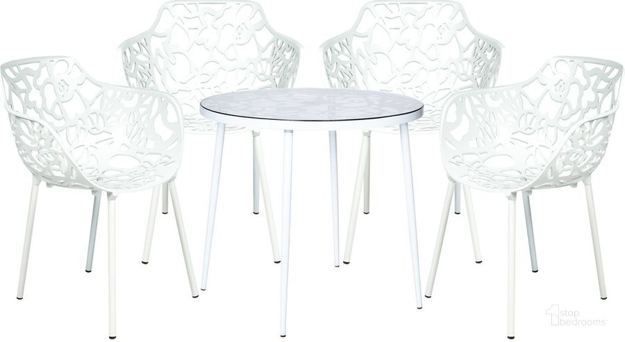 The appearance of Devon 5 Piece Outdoor Patio Dining Set In White designed by LeisureMod in the transitional interior design. This white piece of furniture  was selected by 1StopBedrooms from Devon Collection to add a touch of cosiness and style into your home. Sku: DT31CAW4. Material: Glass. Product Type: Outdoor Dining Set. Image1