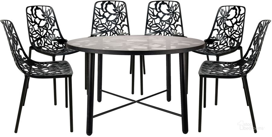 The appearance of Devon 7 Piece Outdoor Patio Dining Set In Black designed by LeisureMod in the transitional interior design. This black piece of furniture  was selected by 1StopBedrooms from Devon Collection to add a touch of cosiness and style into your home. Sku: DT48C6BL. Material: Glass. Product Type: Outdoor Dining Set. Image1