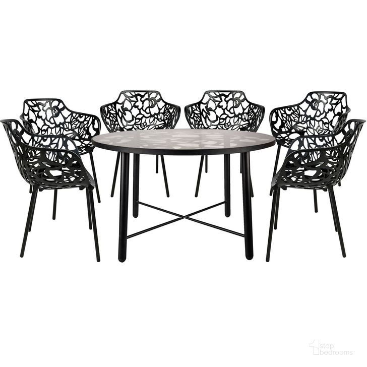 The appearance of Devon 7 Piece Outdoor Patio Dining Set In Black designed by LeisureMod in the transitional interior design. This black piece of furniture  was selected by 1StopBedrooms from Devon Collection to add a touch of cosiness and style into your home. Sku: DT48CABL6. Material: Glass. Product Type: Outdoor Dining Set. Image1