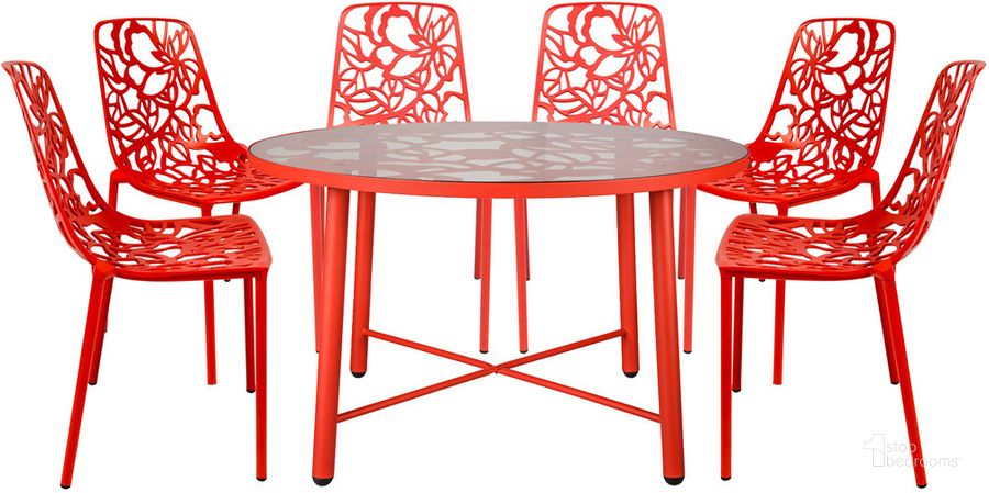 The appearance of Devon 7 Piece Outdoor Patio Dining Set In Red designed by LeisureMod in the transitional interior design. This red piece of furniture  was selected by 1StopBedrooms from Devon Collection to add a touch of cosiness and style into your home. Sku: DT48C6R. Material: Glass. Product Type: Outdoor Dining Set. Image1