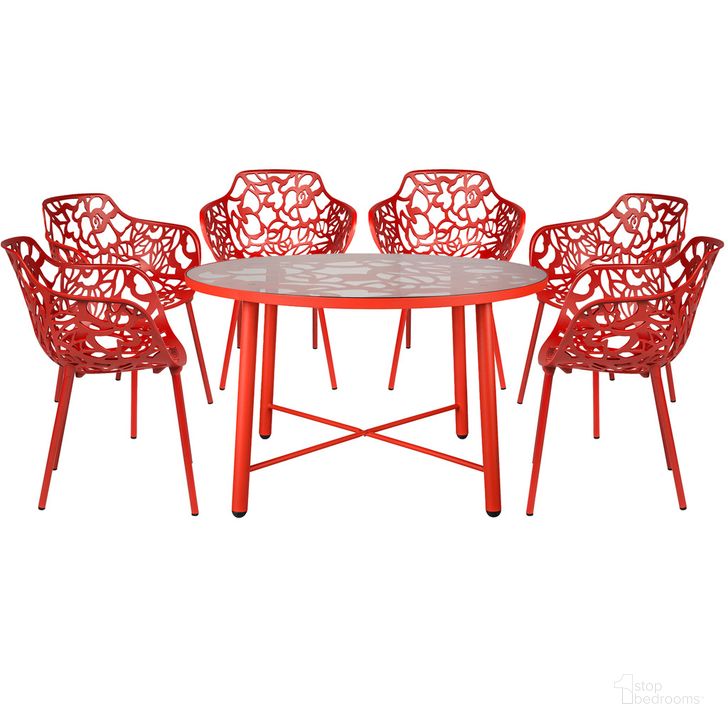 The appearance of Devon 7 Piece Outdoor Patio Dining Set In Red designed by LeisureMod in the transitional interior design. This red piece of furniture  was selected by 1StopBedrooms from Devon Collection to add a touch of cosiness and style into your home. Sku: DT48CAR6. Material: Glass. Product Type: Outdoor Dining Set. Image1