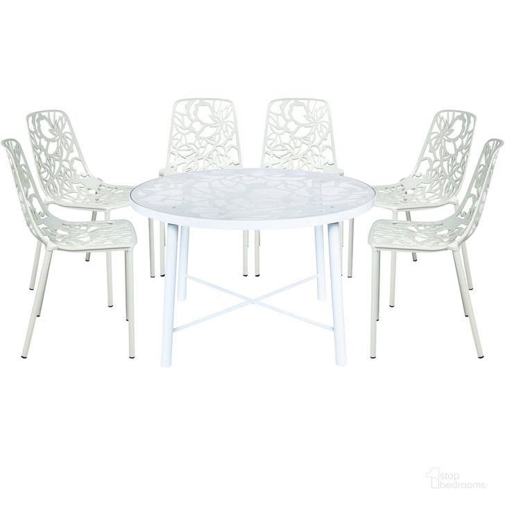 The appearance of Devon 7 Piece Outdoor Patio Dining Set In White designed by LeisureMod in the transitional interior design. This white piece of furniture  was selected by 1StopBedrooms from Devon Collection to add a touch of cosiness and style into your home. Sku: DT48C6W. Material: Glass. Product Type: Outdoor Dining Set. Image1