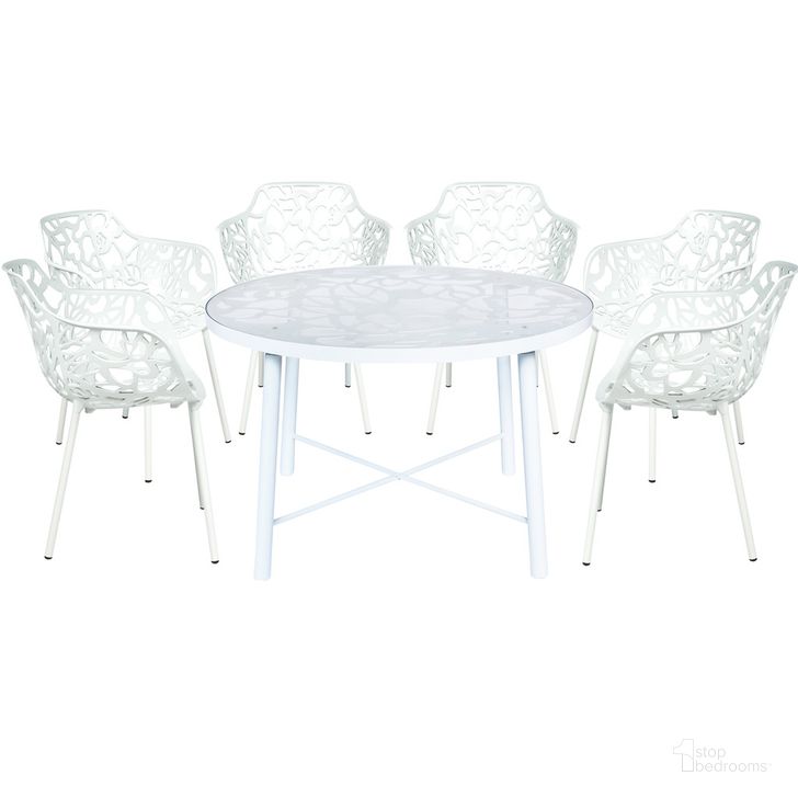 The appearance of Devon 7 Piece Outdoor Patio Dining Set In White designed by LeisureMod in the transitional interior design. This white piece of furniture  was selected by 1StopBedrooms from Devon Collection to add a touch of cosiness and style into your home. Sku: DT48CAW6. Material: Glass. Product Type: Outdoor Dining Set. Image1