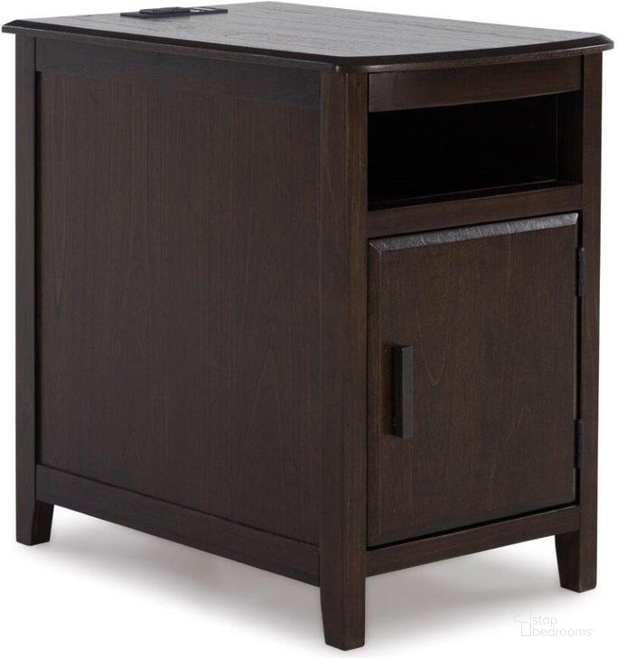 The appearance of Devonsted Dark Brown Chair Side End Table designed by Signature Design by Ashley in the transitional interior design. This dark brown piece of furniture  was selected by 1StopBedrooms from Devonsted Collection to add a touch of cosiness and style into your home. Sku: T310-217. Material: Wood. Product Type: End Table. Image1