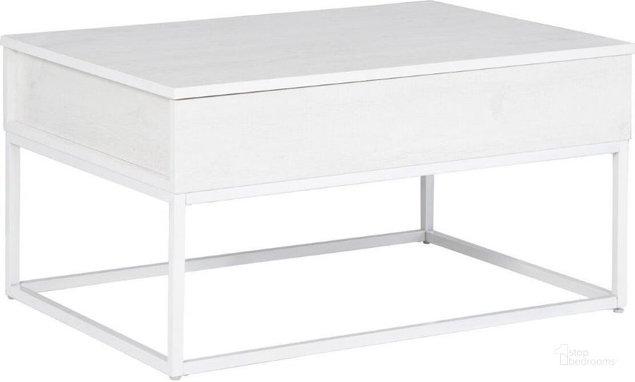 The appearance of Deznee White Lift Top Cocktail Table designed by Signature Design by Ashley in the modern / contemporary interior design. This white piece of furniture  was selected by 1StopBedrooms from Deznee Collection to add a touch of cosiness and style into your home. Sku: T162-9. Product Type: Cocktail Table. Material: Melamine. Image1
