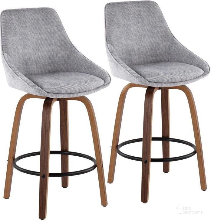 The appearance of Diana Contemporary Counter Stool In Walnut Wood And Grey Corduroy With Black Round Footrest - Set Of 2 designed by Lumisource in the modern / contemporary interior design. This walnut piece of furniture  was selected by 1StopBedrooms from Diana Collection to add a touch of cosiness and style into your home. Sku: B26-DIANACOR GRTQ WLGY2. Material: Fabric. Product Type: Barstool. Image1