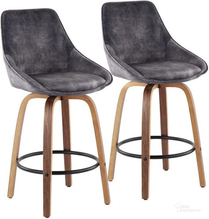 The appearance of Diana Contemporary Counter Stool In Walnut Wood And Grey Velvet With Black Round Footrest - Set Of 2 designed by Lumisource in the modern / contemporary interior design. This walnut piece of furniture  was selected by 1StopBedrooms from Diana Collection to add a touch of cosiness and style into your home. Sku: B26-DIANA GRTQ WLVGY2. Product Type: Barstool. Material: Velvet. Image1