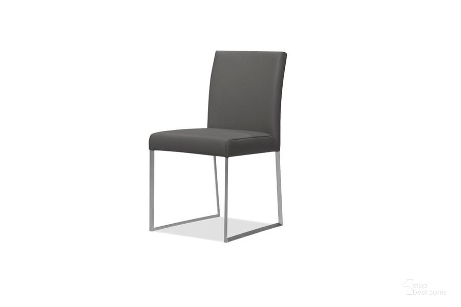 The appearance of Tate Smoke Leather And Brushed Stainless Steel Legs Dining Chair Set of 2 designed by Mobital in the modern / contemporary interior design. This smoke piece of furniture  was selected by 1StopBedrooms from Tate Collection to add a touch of cosiness and style into your home. Sku: DCH-TATE-SMOK-LE. Product Type: Dining Chair. Material: Stainless Steel. Image1