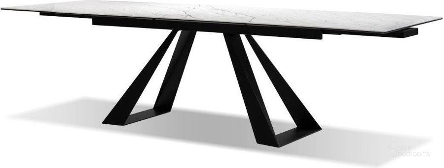 The appearance of Din. Table Ext. Bridge White Carrera Ceramic/Black Pc Base designed by Mobital in the modern / contemporary interior design. This white piece of furniture  was selected by 1StopBedrooms from Bridge Collection to add a touch of cosiness and style into your home. Sku: DTA-BRID-CARR-PCBLA. Table Base Style: Double Pedestal. Material: Metal. Product Type: Dining Table. Table Top Shape: Rectangular. Image1