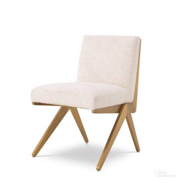 The appearance of Dining Chair Fico Boucle Cream designed by Eichholtz in the modern / contemporary interior design. This cream piece of furniture  was selected by 1StopBedrooms from Fico Collection to add a touch of cosiness and style into your home. Sku: A114716. Product Type: Dining Chair. Material: Brass. Image1