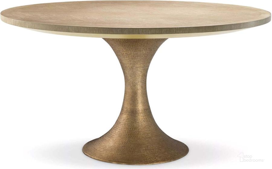 The appearance of Dining Table Melchior Round Washed Oak Veneer designed by Eichholtz in the modern / contemporary interior design. This oak piece of furniture  was selected by 1StopBedrooms from Melchior Collection to add a touch of cosiness and style into your home. Sku: 113280A;113280B. Table Base Style: Pedestal. Table Top Shape: Round. Product Type: Dining Table. Size: 55". Image1