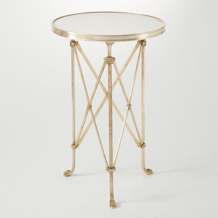 The appearance of Directoire Table In Brass With White Marble designed by Global Views in the modern / contemporary interior design. This white piece of furniture  was selected by 1StopBedrooms from Directoire Collection to add a touch of cosiness and style into your home. Sku: 8793. Product Type: Table. Material: Brass. Image1