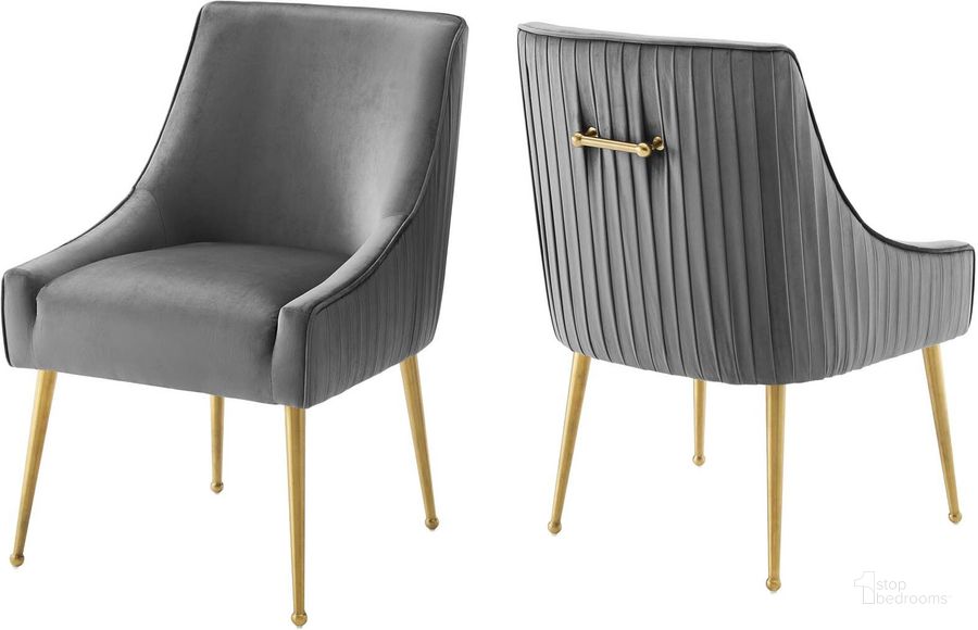 The appearance of Discern Gray Pleated Back Upholstered Performance Velvet Dining Chair Set of 2 designed by Modway in the modern / contemporary interior design. This gray piece of furniture  was selected by 1StopBedrooms from Discern Collection to add a touch of cosiness and style into your home. Sku: EEI-4149-GRY. Material: Wood. Product Type: Dining Chair. Image1
