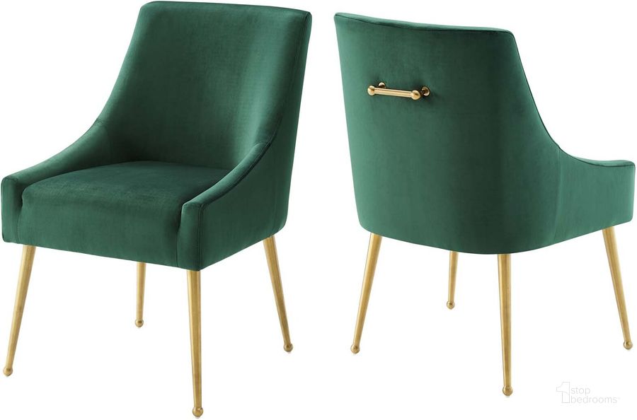 The appearance of Discern Green Upholstered Performance Velvet Dining Chair Set of 2 designed by Modway in the modern / contemporary interior design. This green piece of furniture  was selected by 1StopBedrooms from Discern Collection to add a touch of cosiness and style into your home. Sku: EEI-4148-GRN. Material: Wood. Product Type: Dining Chair. Image1