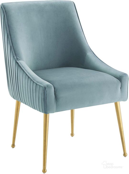 The appearance of Discern Light Blue Pleated Back Upholstered Performance Velvet Dining Chair EEI-3509-LBU designed by Modway in the modern / contemporary interior design. This light blue piece of furniture  was selected by 1StopBedrooms from Discern Collection to add a touch of cosiness and style into your home. Sku: EEI-3509-LBU. Material: Wood. Product Type: Dining Chair. Image1