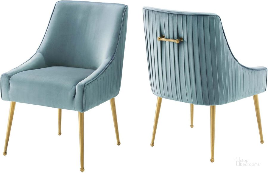 The appearance of Discern Light Blue Pleated Back Upholstered Performance Velvet Dining Chair Set of 2 EEI-4149-LBU designed by Modway in the modern / contemporary interior design. This light blue piece of furniture  was selected by 1StopBedrooms from Discern Collection to add a touch of cosiness and style into your home. Sku: EEI-4149-LBU. Material: Wood. Product Type: Dining Chair. Image1