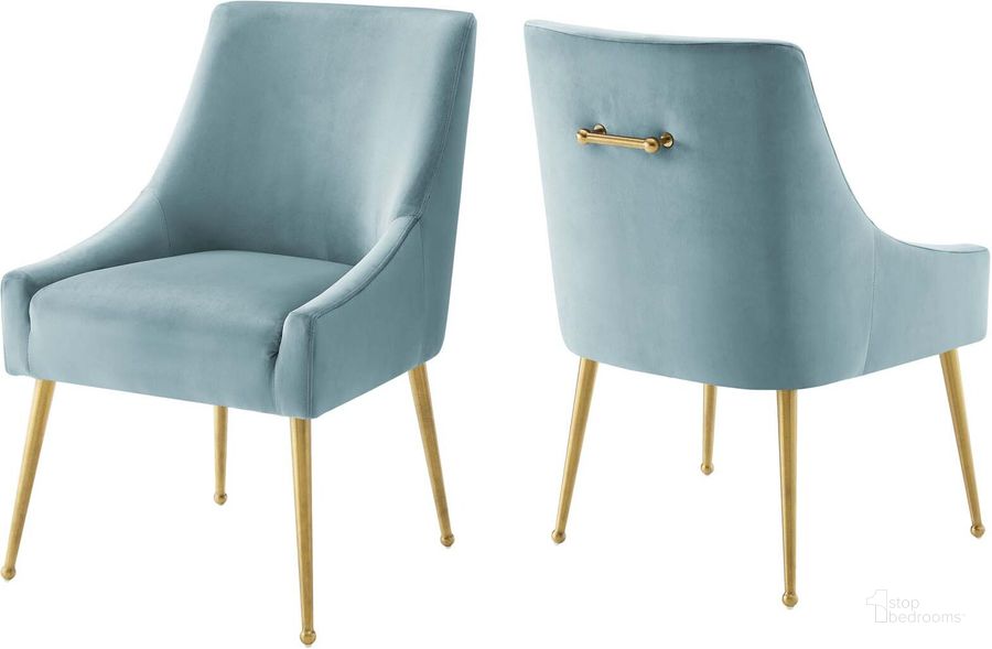 The appearance of Discern Light Blue Upholstered Performance Velvet Dining Chair Set of 2 EEI-4148-LBU designed by Modway in the modern / contemporary interior design. This light blue piece of furniture  was selected by 1StopBedrooms from Discern Collection to add a touch of cosiness and style into your home. Sku: EEI-4148-LBU. Material: Wood. Product Type: Dining Chair. Image1