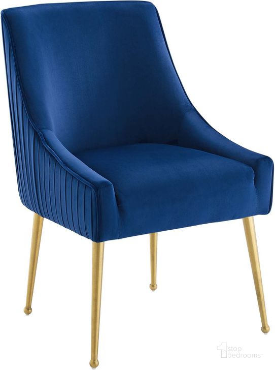 The appearance of Discern Navy Pleated Back Upholstered Performance Velvet Dining Chair designed by Modway in the modern / contemporary interior design. This navy piece of furniture  was selected by 1StopBedrooms from Discern Collection to add a touch of cosiness and style into your home. Sku: EEI-3509-NAV. Material: Wood. Product Type: Dining Chair. Image1