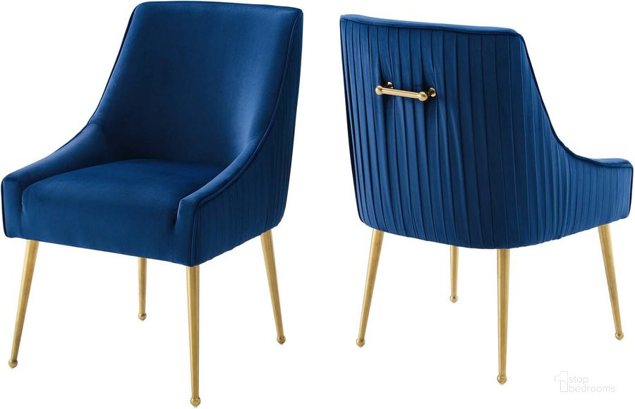 The appearance of Discern Navy Pleated Back Upholstered Performance Velvet Dining Chair Set of 2 designed by Modway in the modern / contemporary interior design. This navy piece of furniture  was selected by 1StopBedrooms from Discern Collection to add a touch of cosiness and style into your home. Sku: EEI-4149-NAV. Material: Wood. Product Type: Dining Chair. Image1