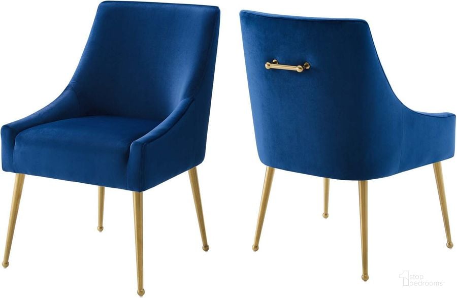 The appearance of Discern Navy Upholstered Performance Velvet Dining Chair Set of 2 designed by Modway in the modern / contemporary interior design. This navy piece of furniture  was selected by 1StopBedrooms from Discern Collection to add a touch of cosiness and style into your home. Sku: EEI-4148-NAV. Material: Wood. Product Type: Dining Chair. Image1