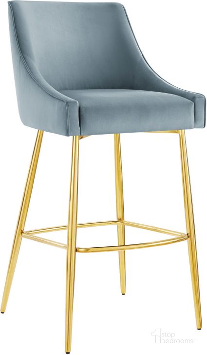 The appearance of Discern Performance Velvet Bar Stool In Light Blue designed by Modway in the modern / contemporary interior design. This light blue piece of furniture  was selected by 1StopBedrooms from Discern Collection to add a touch of cosiness and style into your home. Sku: EEI-5473-LBU. Product Type: Barstool. Material: Stainless Steel. Image1