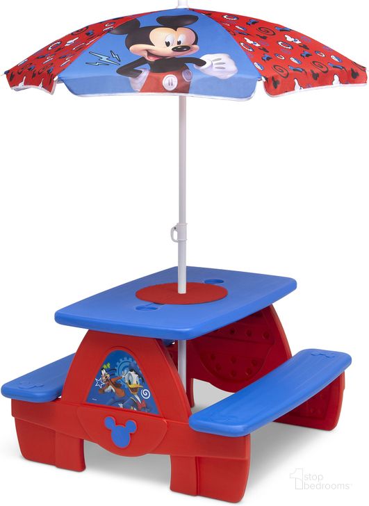 The appearance of Disney Mickey Mouse 4 Seat Activity Picnic Table with Umbrella and Lego Compatible Tabletop In Red and Blue designed by Delta Children in the modern / contemporary interior design. This blue and red piece of furniture  was selected by 1StopBedrooms from Disney Collection to add a touch of cosiness and style into your home. Sku: TT89016MM-1054. Product Type: Kids Bedding and Accessory. Material: Plastic. Image1