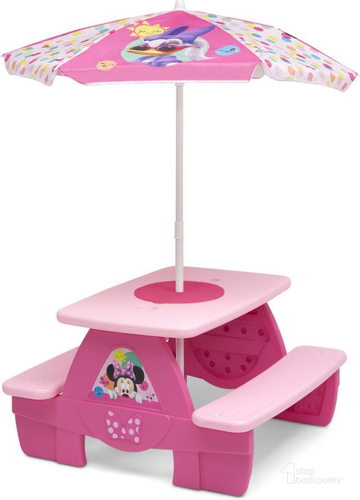 The appearance of Disney Minnie Mouse 4 Seat Activity Picnic Table with Umbrella and Lego Compatible Tabletop In Pink designed by Delta Children in the modern / contemporary interior design. This pink piece of furniture  was selected by 1StopBedrooms from Disney Collection to add a touch of cosiness and style into your home. Sku: TT89005MN-1063. Product Type: Kids Bedding and Accessory. Material: Plastic. Image1