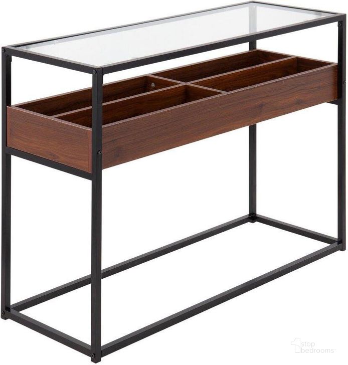 The appearance of Display Console Table in Black Metal, Walnut Wood, and Clear Glass designed by Lumisource in the modern / contemporary interior design. This walnut piece of furniture  was selected by 1StopBedrooms from Display Collection to add a touch of cosiness and style into your home. Sku: TBC-DISPLAY BKWL. Material: Wood. Product Type: Console Table. Image1