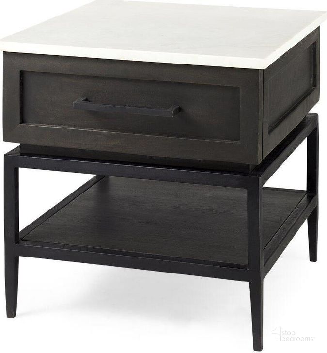 The appearance of Divina Black-Brown Wood With White Marble Top And Black Metal Base 1 Drawer Side Table designed by Mercana in the modern / contemporary interior design. This black and brown piece of furniture  was selected by 1StopBedrooms from Divina Collection to add a touch of cosiness and style into your home. Sku: 69237. Material: Wood. Product Type: Side Table. Image1